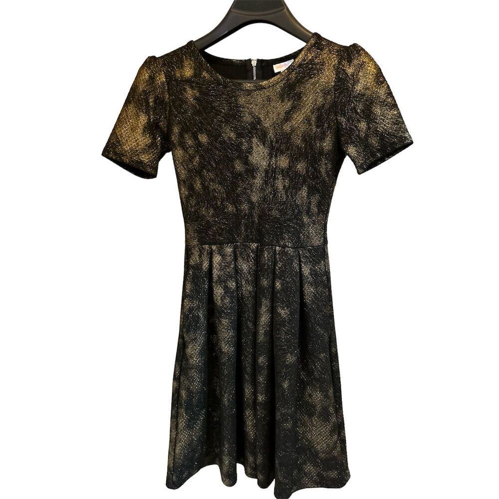 LuLaRoe Amelia‎ Dress XS Black/Gold A-Line Pleated Knee Length Formal